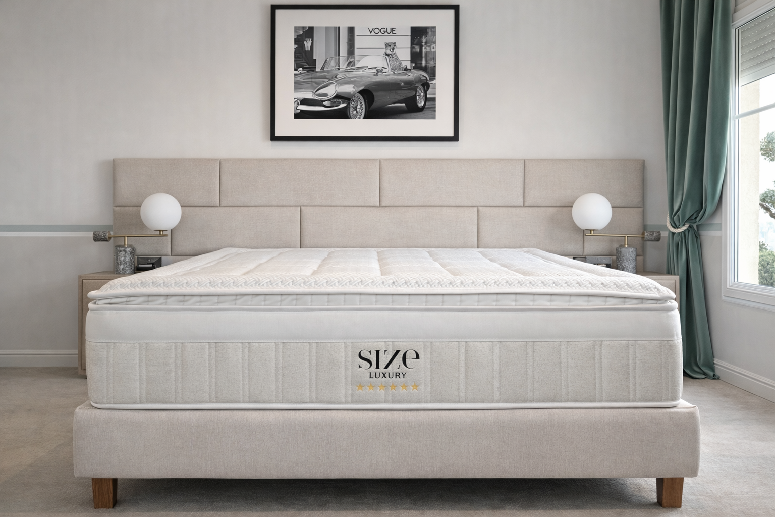 Matelas Size Deco 6 étoiles dans une chambre, tête de lit capitonnée