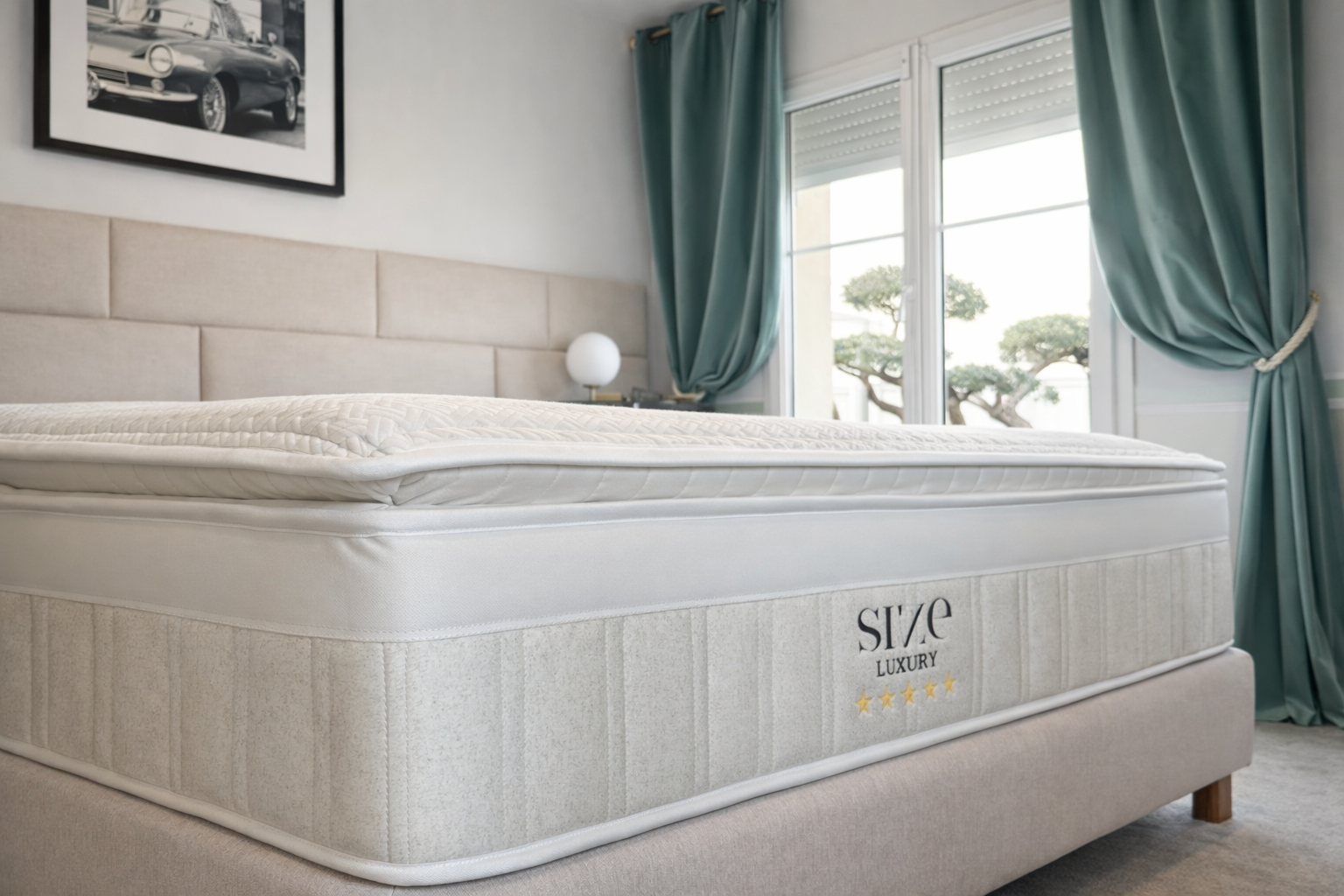 Matelas Size Deco 5 étoiles en situation, chambre lumineuse